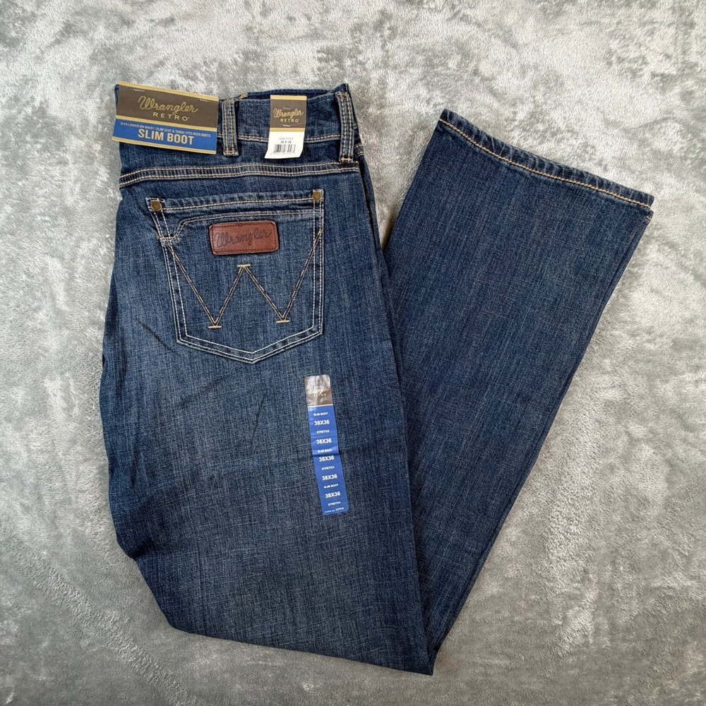 Wrangler Retro Slim Boot Jeans Mens 38x36 Dark Wash NEW Stretch Denim Cowboy
